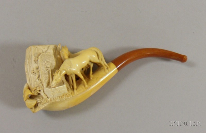 Appraisal: Meerschaum Pipe with Carved Figures of Two Horses lg in