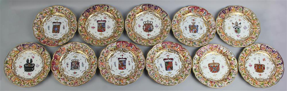 Appraisal: ELEVEN CAPODIMONTE STYLE ARMORIAL CABINET PLATES underglaze blue crowned N