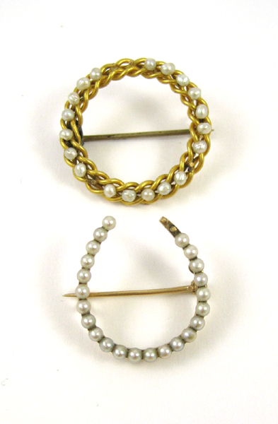 Appraisal: TWO SEED PEARL AND YELLOW GOLD BROOCHES including a k