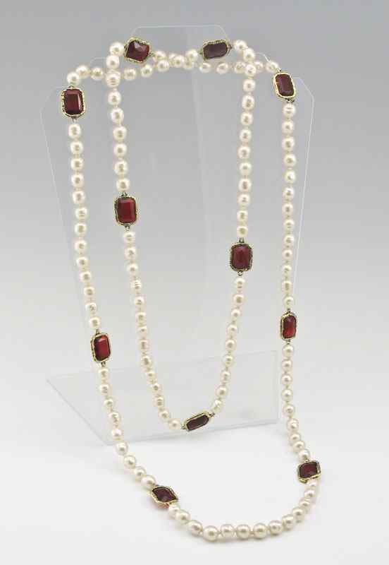 Appraisal: CHANEL FAUX PEARL AND RED GLASS NECKLACE A decadent ''