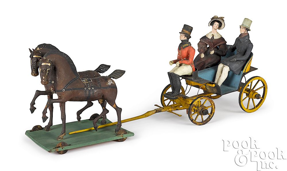 Appraisal: Horse-drawn carriage pull toy Composition and painted wood horse-drawn carriage