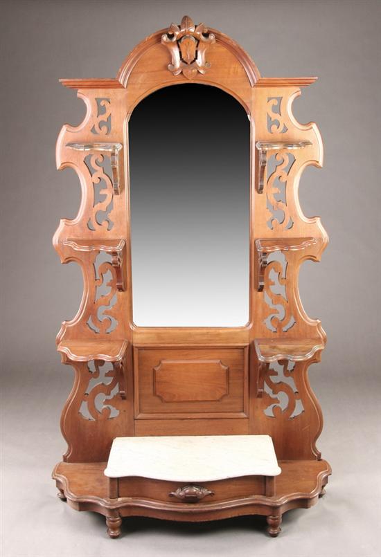 Appraisal: RENAISSANCE REVIVAL DRESSING MIRROR th century walnut Cartouche applique above