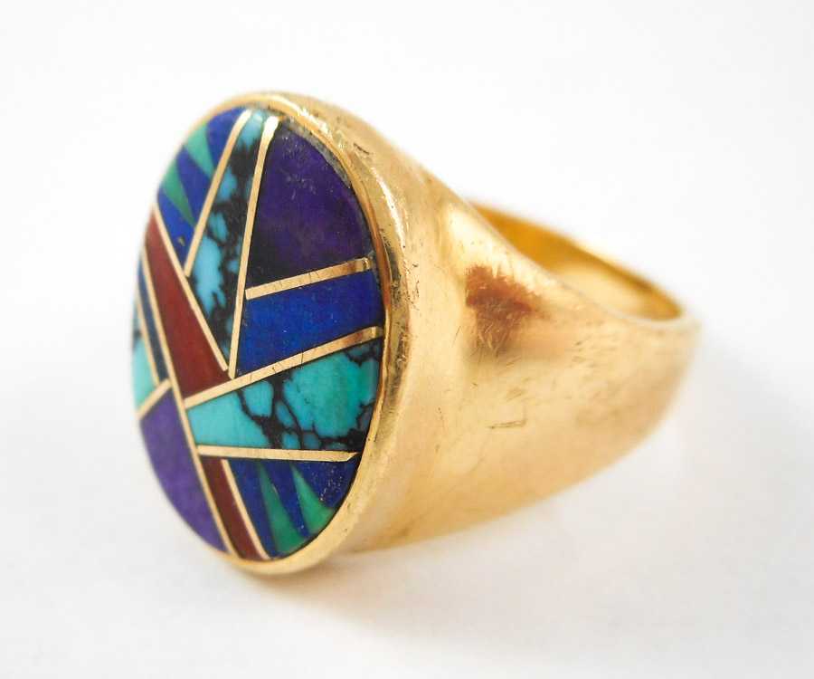 Appraisal: NAVAJO MULTI STONE MOSAIC INLAY RING k yellow gold inlaid