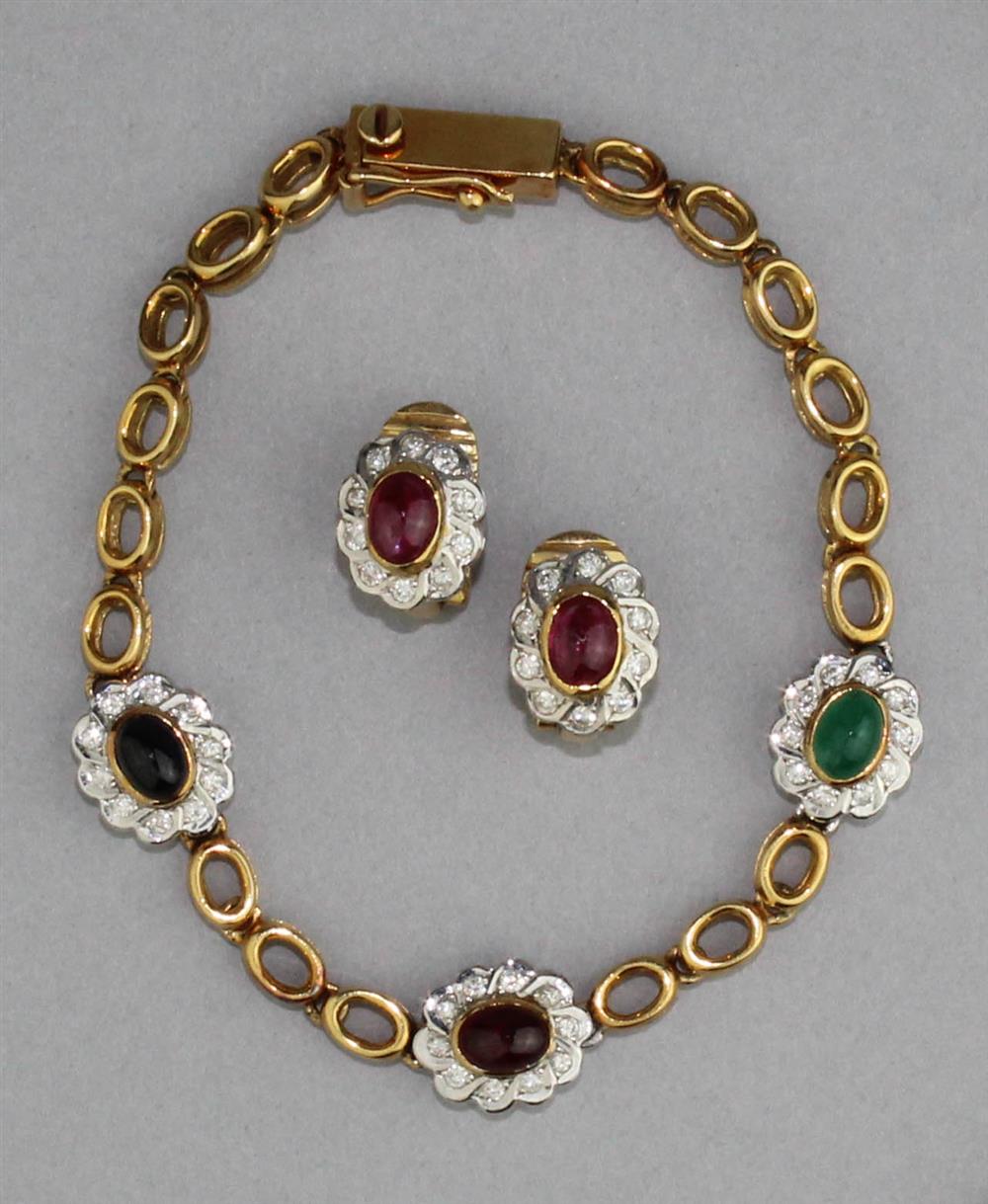 Appraisal: K YELLOW GOLD BRACELET WITH AN EMERALD RUBY BLUE SAPPHIRE