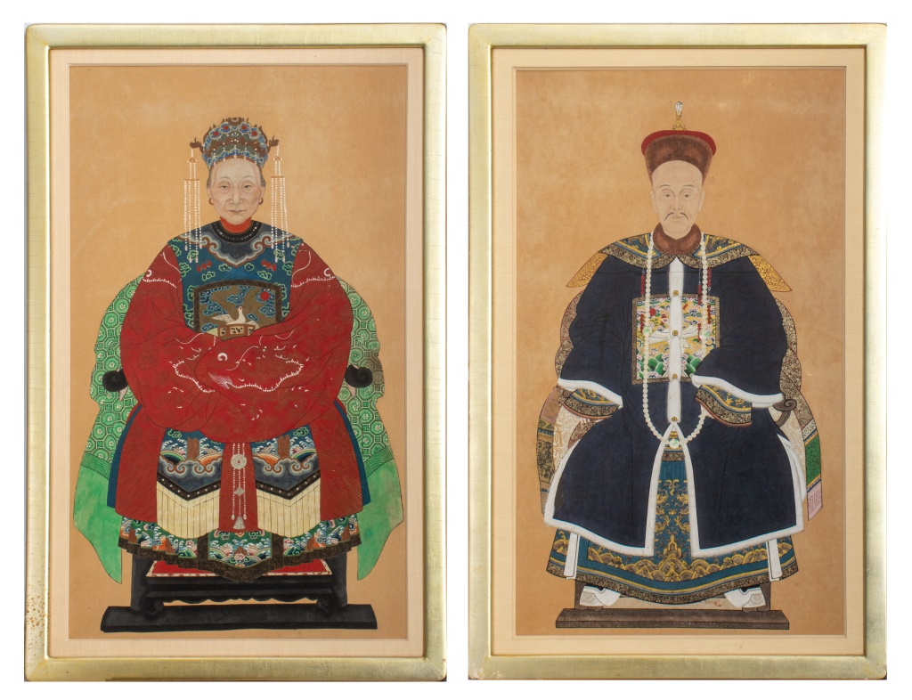 Appraisal: CHINESE ANCESTRAL PORTRAIT PAINTINGS PAIR Pair of Chinese ancestral portrait