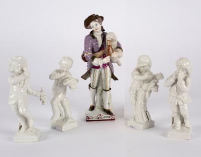 Appraisal: A Berlin style model of a bagpiper and four miniature