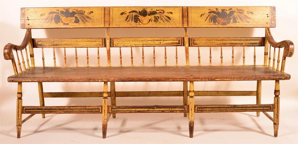 Appraisal: Paint Decorated Half Spindle Back Settee Early th Century Paint