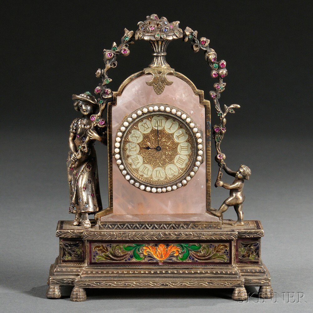 Appraisal: Viennese Silver Enamel Jeweled and Rose Quartz Clock Austria late