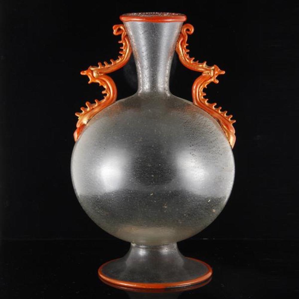 Appraisal: FRATELLI TOSO MURANO ART GLASS VASE WITH APPLIED ORANGE HANDLES