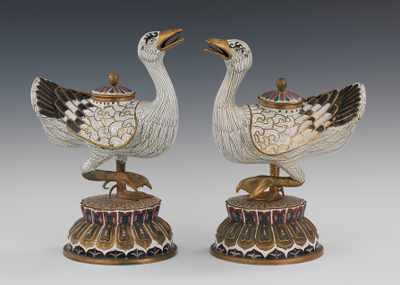 Appraisal: A Pair of Chinese Cloisonne Duck Figural Boxes Each in