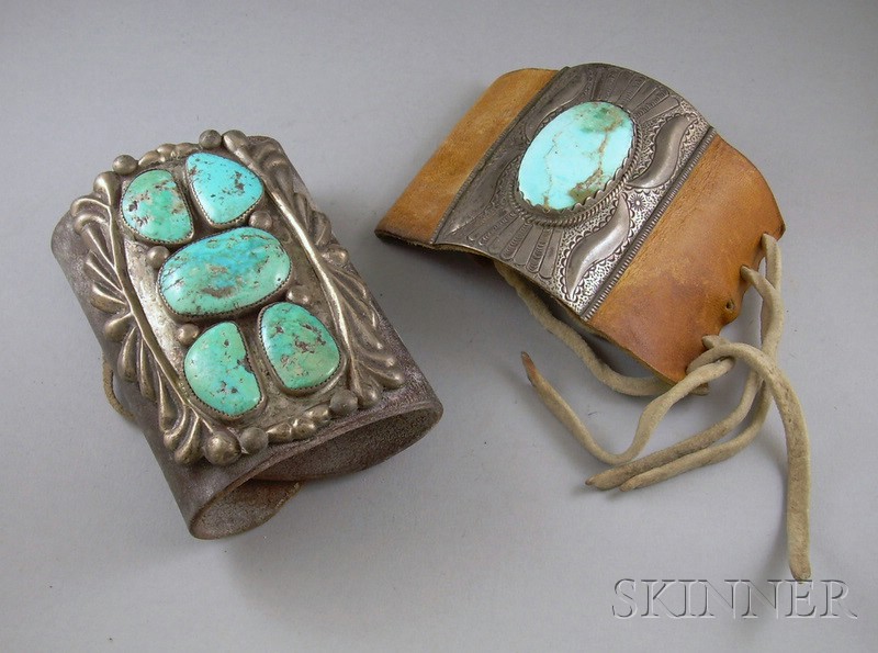 Appraisal: Two Silver Navajo Ketohs silver over leather both with inset