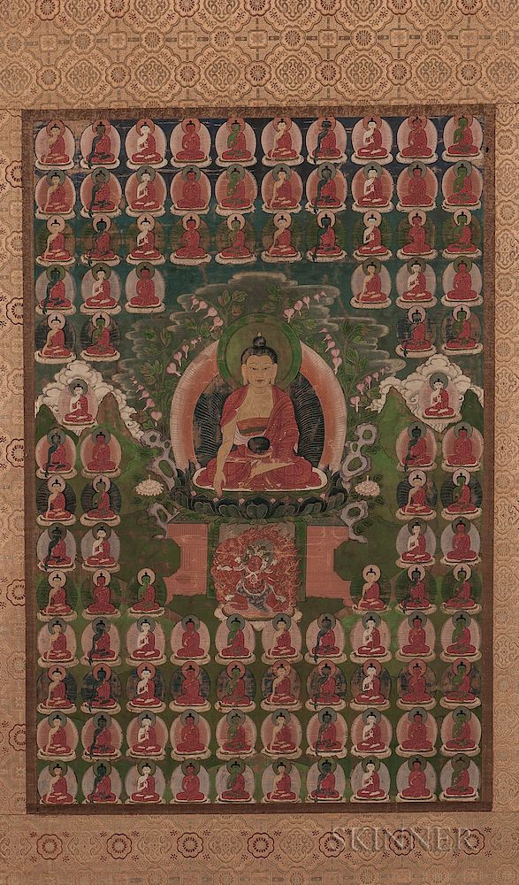 Appraisal: Thangka Depicting Bhaisajyaguru Thangka Depicting Bhaisajyaguru Tibetan China th th