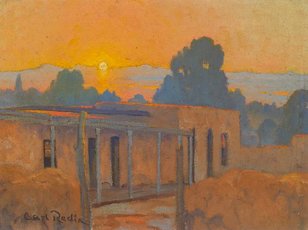 Appraisal: n a Carl Redin American - Sunset over an Adobe