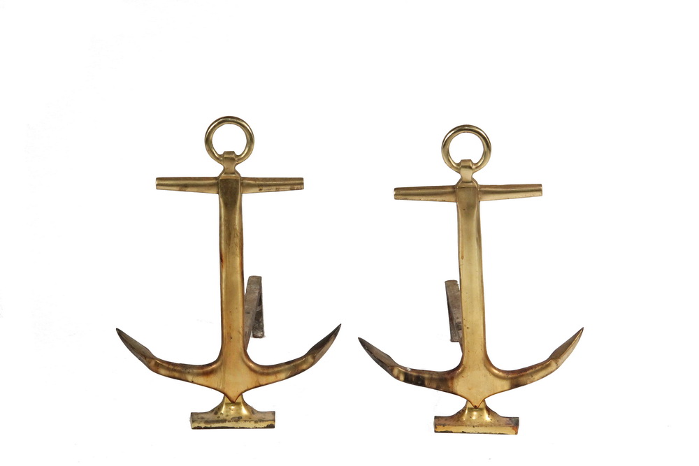 Appraisal: NAUTICAL THEMED ANDIRONS - Cast Brass Andirons in Anchor Form