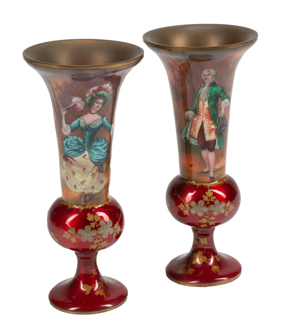 Appraisal: Pair of French Enameled Copper Vases th c lady and