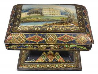 Appraisal: Victorian papier-mache footed sewing box mid- th century the hinged