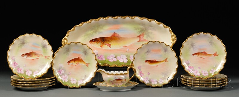 Appraisal: Fourteen-piece Limoges Porcelain Fish Service France comprised of a large