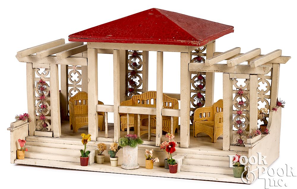 Appraisal: Elaborate German painted wood dollhouse gazebo Elaborate German painted wood