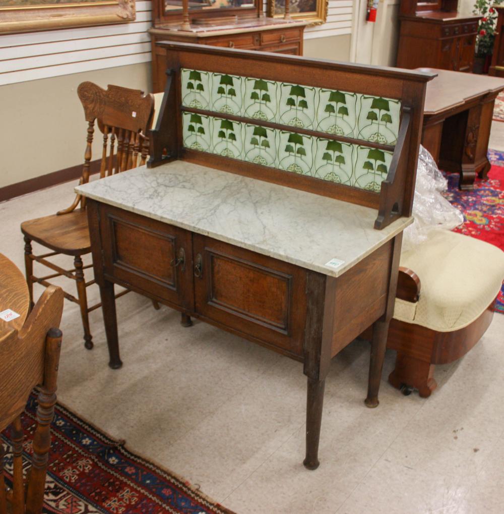 Appraisal: OAK MARBLE-TOP TILE-BACK WASHSTAND English c with backsplash having two