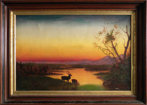 Appraisal: American oil on canvas sunset landscape late th c x