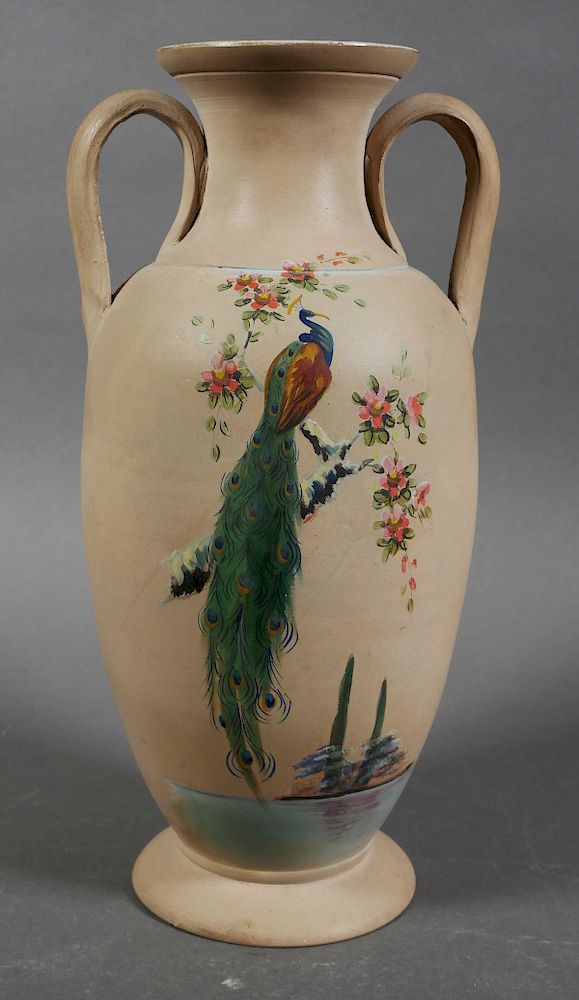 Appraisal: GRAACK POTTERY Peacock Vase Florida Double handled urn vase decorated