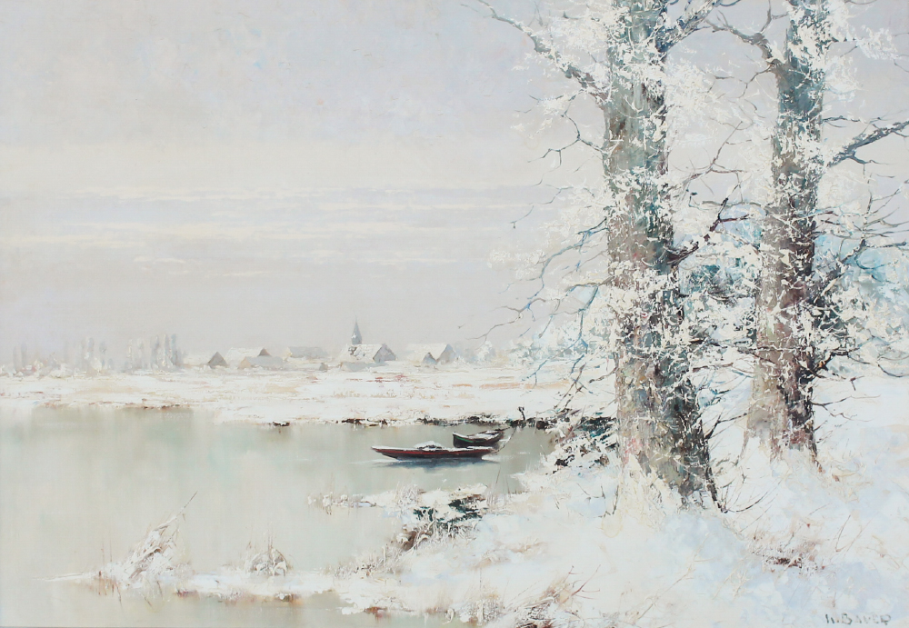 Appraisal: BAUER Willi Vert German born Snowy Lakeside Scene Oil Canvas