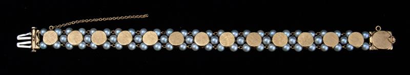 Appraisal: k Gold and Cultured Pearl Bracelet Gold discs with Florentine