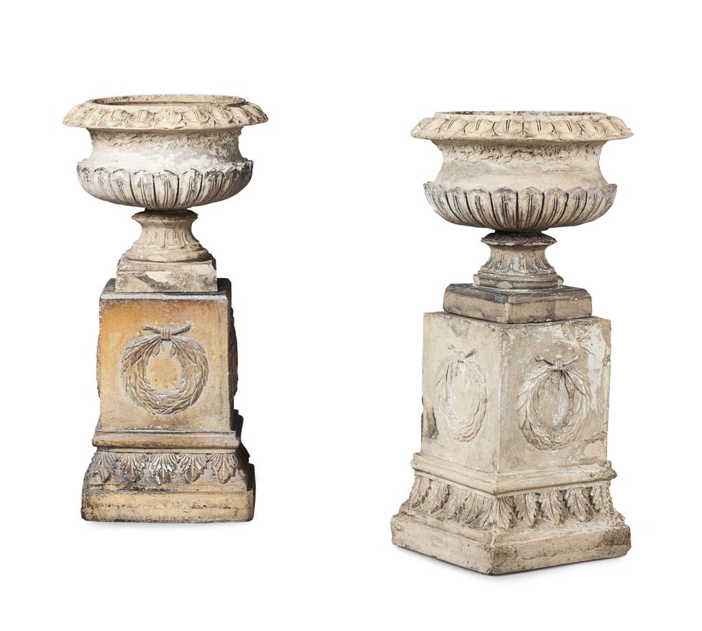 Appraisal: PAIR OF SCOTTISH 'GARNKIRK' FIRE-CLAY URNS AND STAND MID TH