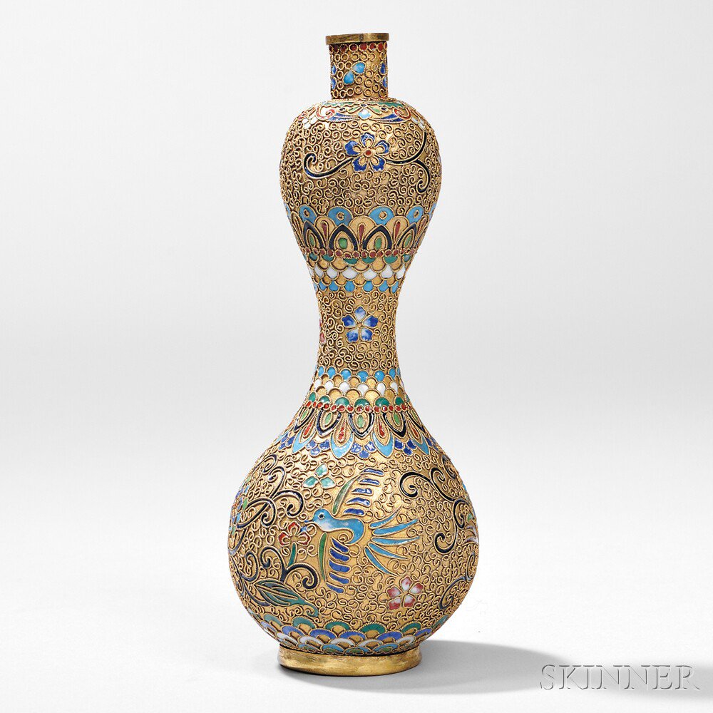 Appraisal: Champleve and Gilt Vase Middle East th century gourd shape