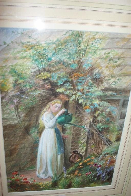 Appraisal: A watercolour of a young girl watering flowers in a