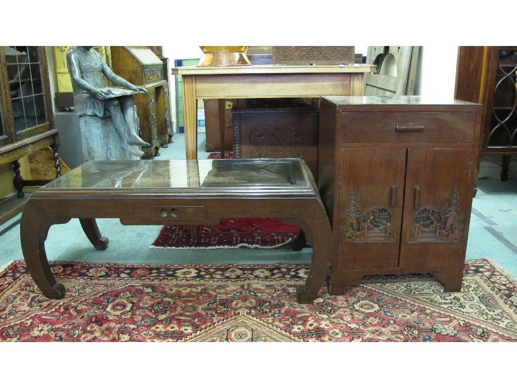 Appraisal: Chinese style bedside cupboard and matching coffee table