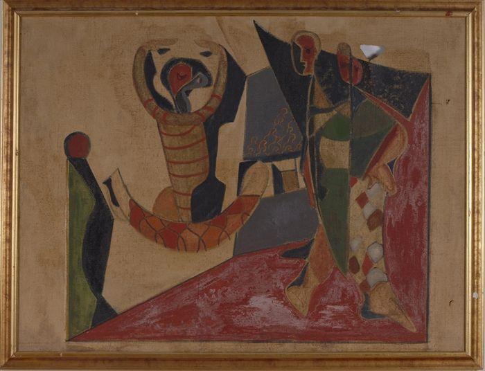 Appraisal: TH C SCHOOL ABSTRACT WITH FIGURES Oil on burlap x