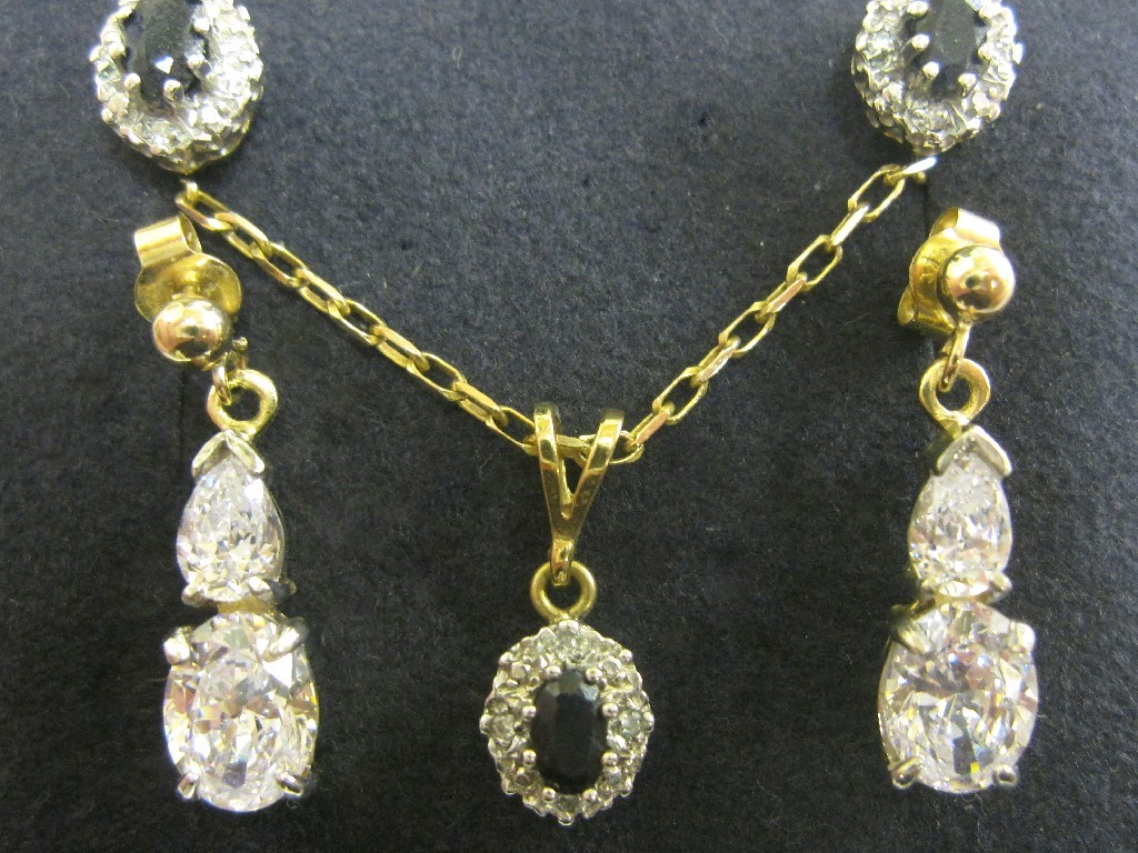 Appraisal: Lot comprising ct gold sapphire and diamond cluster pendant and