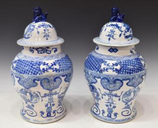 Appraisal: CHINESE BLUE WHITE PORCELAIN TEMPLE JARS pair Chinese blue and