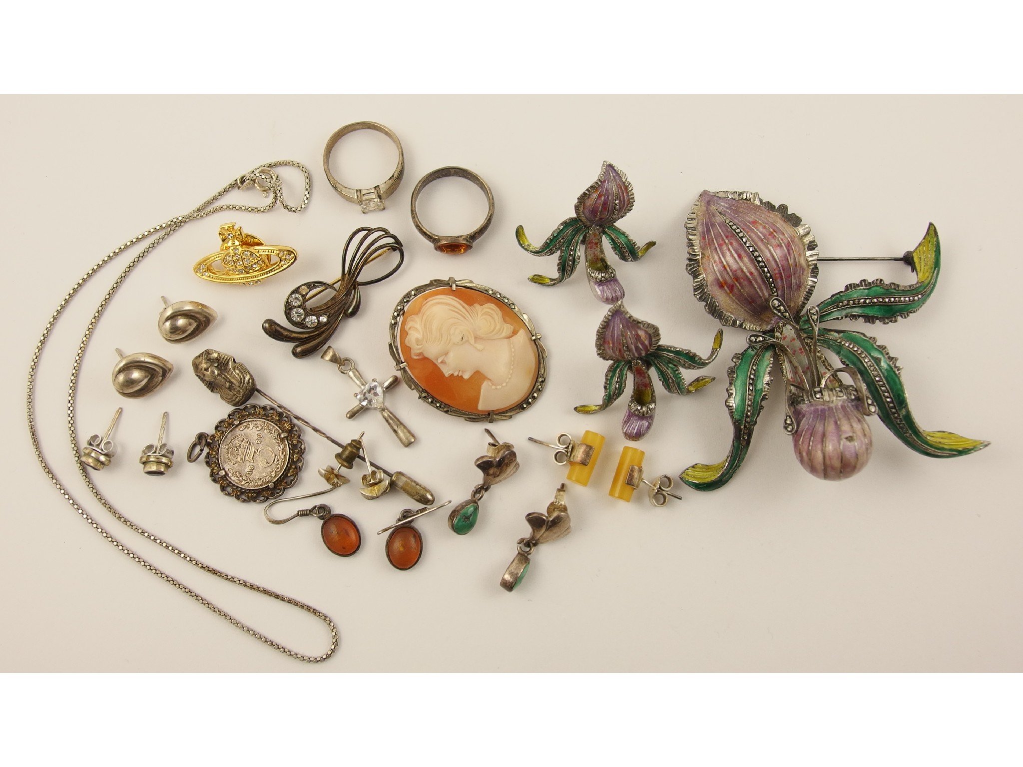 Appraisal: A silver and enamel brooch and earring set in the