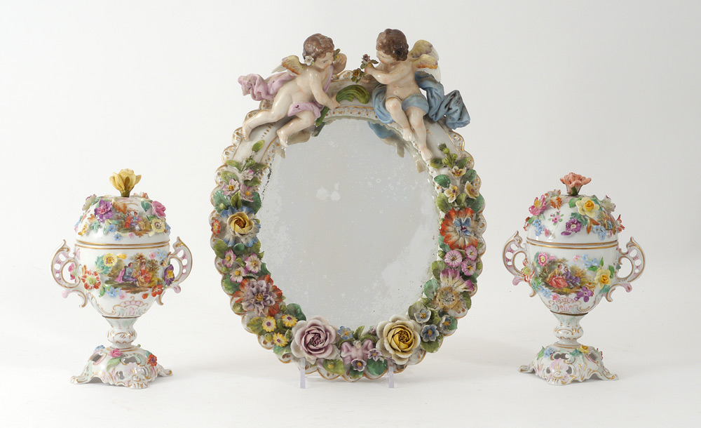 Appraisal: PORCELAIN MIRROR PAIR OF DRESDEN COVERED URNS pieces to include