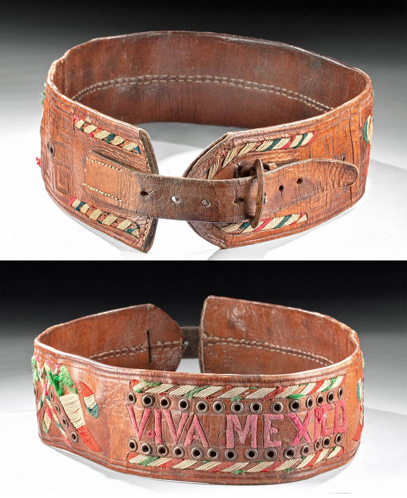 Appraisal: th C Mexican Leather Belt w Embroidery Viva Mexico Originally