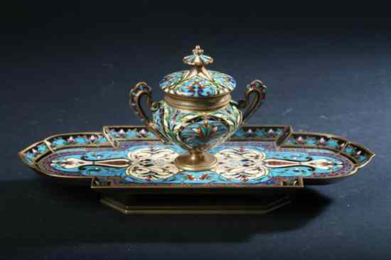 Appraisal: FRENCH BRONZE AND CHAMPLEV ENAMEL INKSTAND late th-early th century