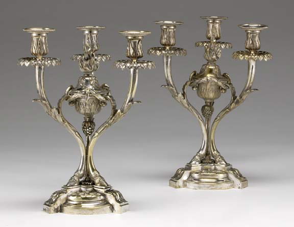 Appraisal: Pair of Italian Silvered Brass Three-Light Candelabra first quarter th