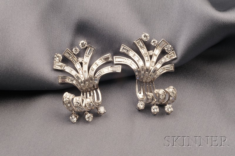 Appraisal: Platinum and Diamond Earclips set with baguette and full-cut diamonds