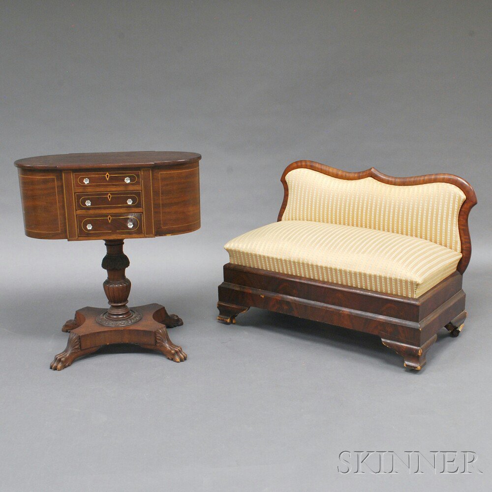 Appraisal: Empire Mahogany Settee and a Classical-style Inlaid Mahogany Sewing Table