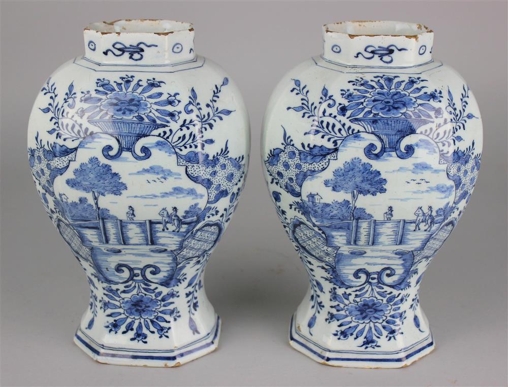 Appraisal: PAIR OF DUTCH DELFT BLUE AND WHITE BALUSTER VASES th