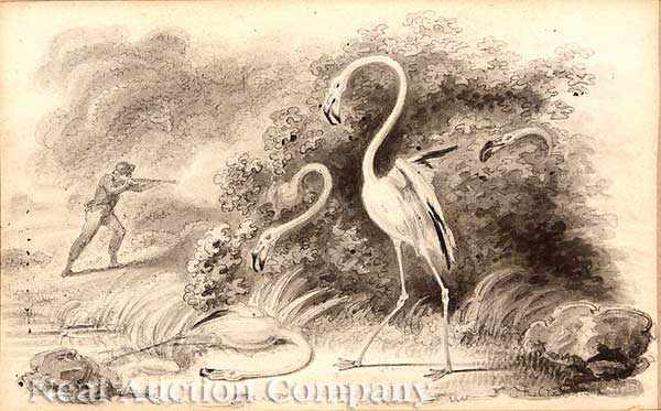 Appraisal: Robert Isaac Cruickshank English - Hunting Flamingos ink and wash