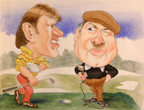 Appraisal: Original golf cartoon depicting Nick Faldo and Peter Alliss watercolour