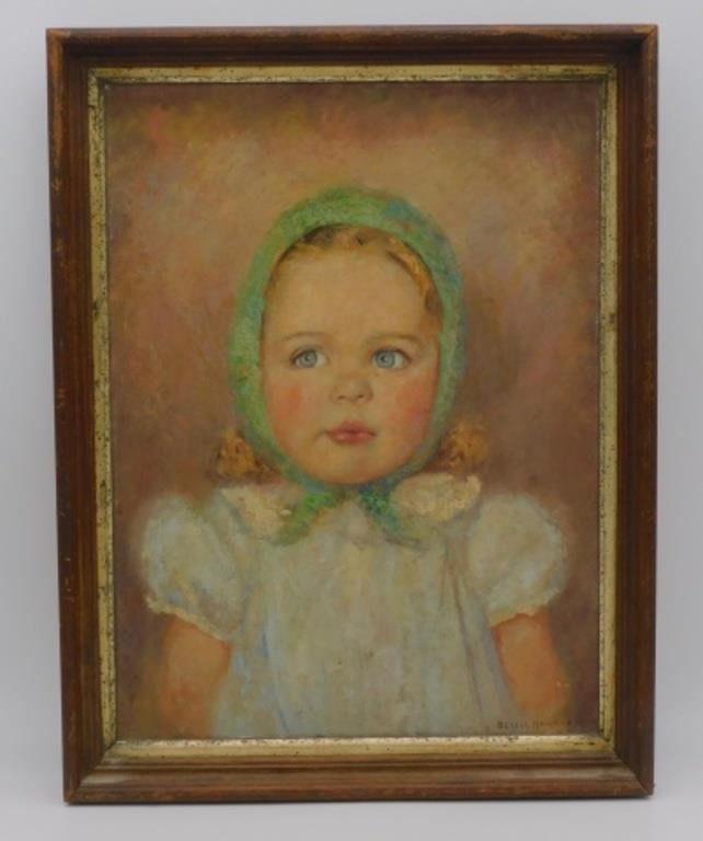 Appraisal: canvas depicting a young girl in a little green bonnet