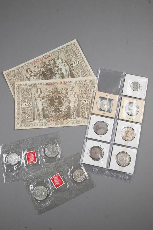 Appraisal: ELEVEN GERMAN COINS AND BILLS Two Reichsbanfnote bills Seven coins