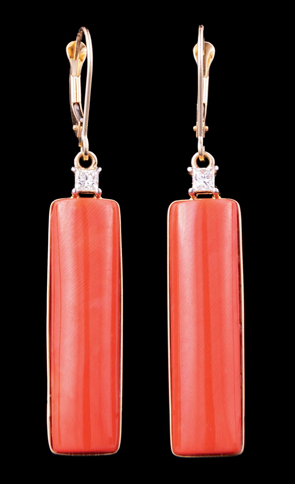 Appraisal: Pair of kt Yellow Gold Coral and Diamond Earrings l