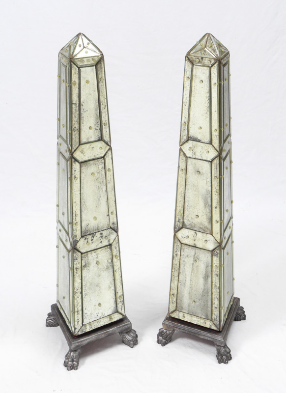 Appraisal: PAIR VENETIAN STYLE MIRRORED OBELISKS WITH STANDS Contemporary with an