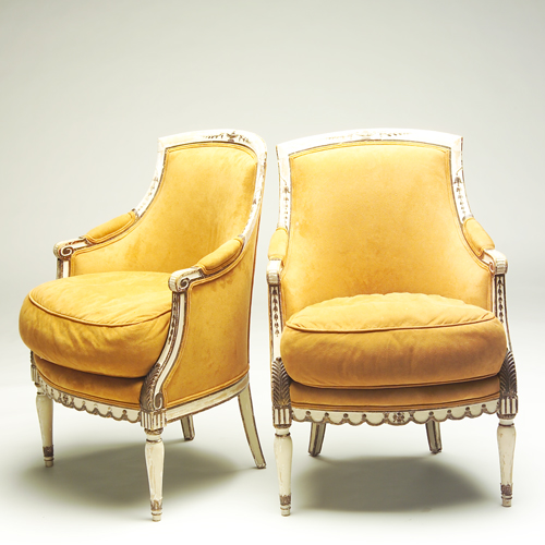 Appraisal: Pair of th c French Bergeres upholstered in suede with