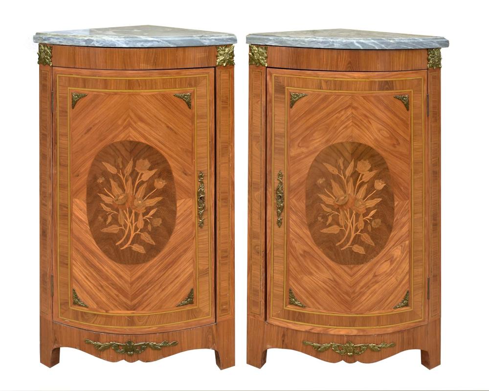 Appraisal: PAIR LOUIS XVI TULIPWOOD MARQUETRY CORNER CABINETSEach with a marble